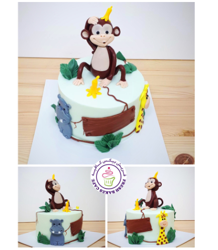 Animals Themed Cake - Jungle Animals - 3D Monkey Cake Topper & 2D Cake Toppers - 1 Tier 02