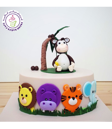 Animals Themed Cake - Jungle Animals - 3D Monkey Cake Topper & 2D Cake Toppers - 1 Tier 03