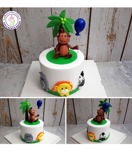 Jungle Animals Themed Cake - 3D Monkey Cake Topper & 2D Cake Toppers - 1 Tier 04b