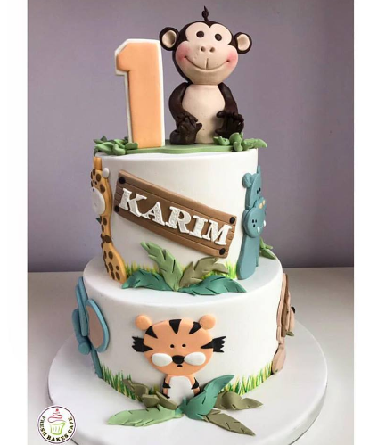 Cake - Animals - Jungle Animals - 3D Monkey Cake Topper & 2D Cake Toppers - 2 Tier 01a