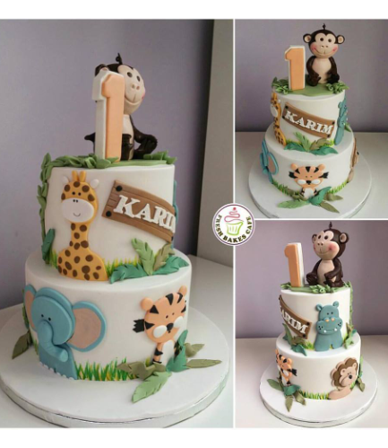 Cake - Animals - Jungle Animals - 3D Monkey Cake Topper & 2D Cake Toppers - 2 Tier 01a