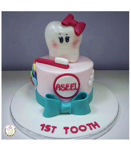 Baby's First Tooth Themed Cake - Tooth - 3D Cake Topper - Girl - 1 Tier 01a