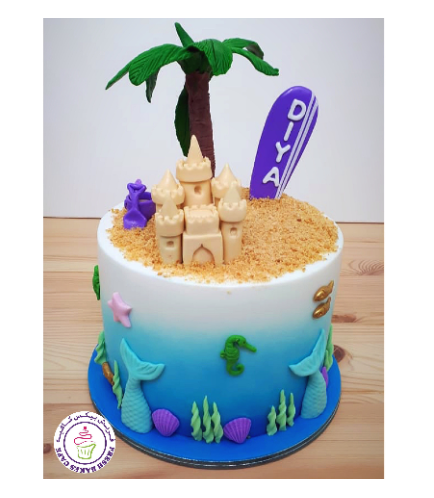 Beach Themed Cake - Sand Castle & Mermaid Tails