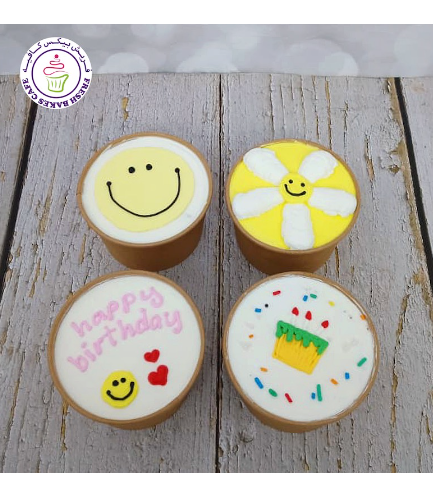 Birthday Themed CUP Cakes - Smiley, Flower, & Message