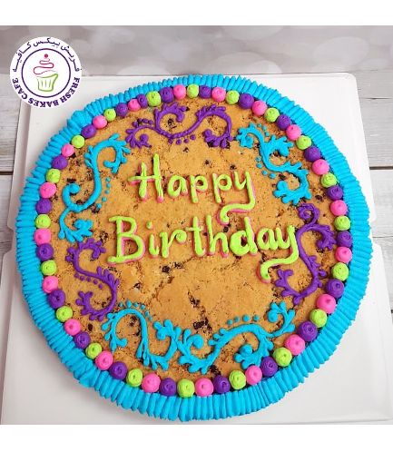 Birthday Themed Chocolate Chip Cookie Cake - Cream Piping - Colorful 01a