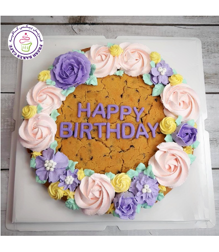 Birthday Themed Chocolate Chip Cookie Cake - Cream Piping - Flowers