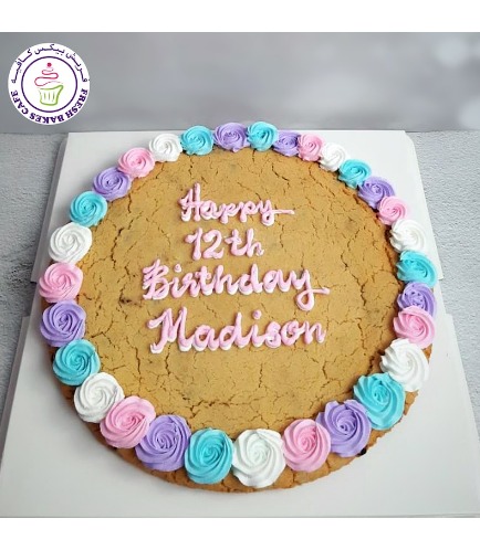 Birthday Themed Chocolate Chip Cookie Cake - Cream Piping - Roses 03