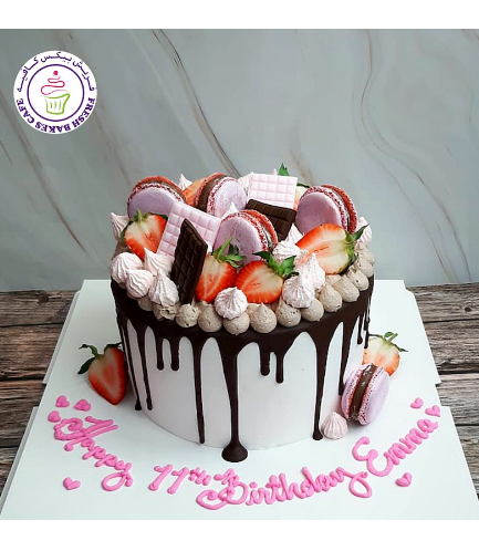 Cake with Macarons, Chocolate, & Strawberries