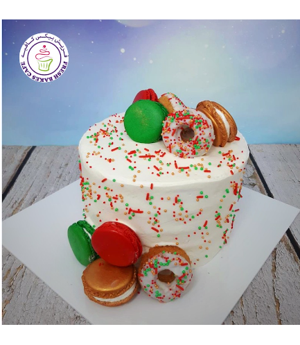 Funfetti Cake with Donuts & Macarons - Christmas Colors