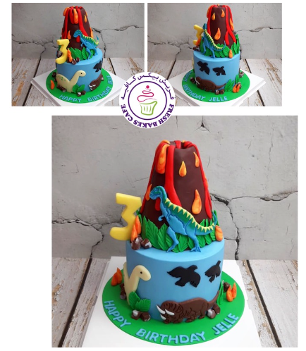 Dinosaur Themed Cake - 2D Cake Toppers & 3D Volcano - 1 Tier 02