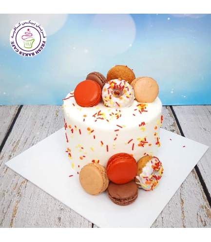Cake - Fall Colors - Cream Cake with Donuts & Macarons