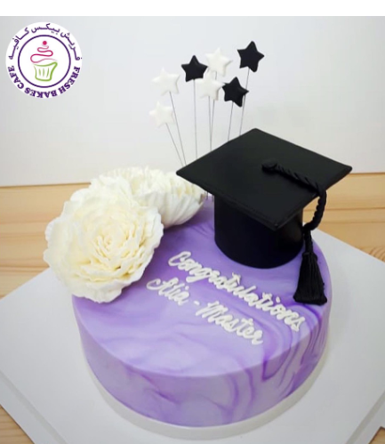 Cake - Peonies - Black Graduation Cap - Purple Marble