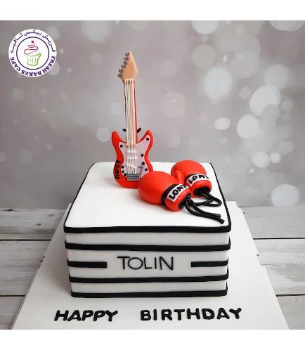 Guitar Themed Cake - 3D Cake Toppers - Guitar & Boxing Gloves
