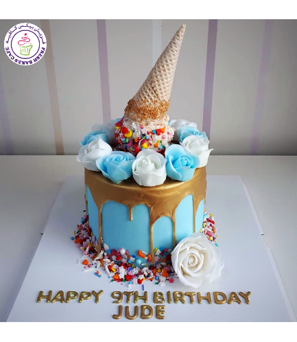 Cake - Ice Cream - 1 Tier 01 - Blue with Roses