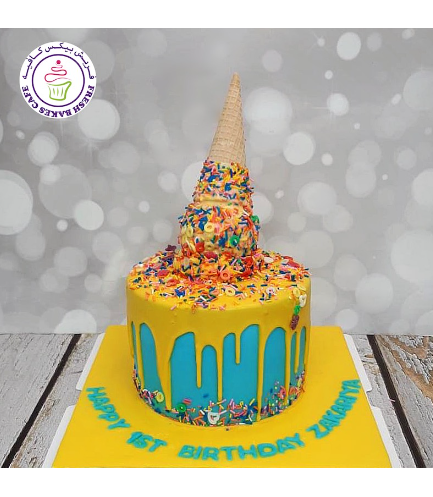 Ice Cream Themed Cake - Drizzle Cake - 1 Tier 01 - Yellow & Blue