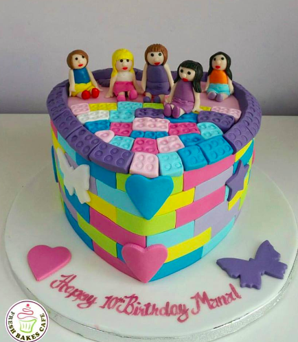 LEGO Bricks Themed Cake - Girls - Heart Cake & 3D Minifigures