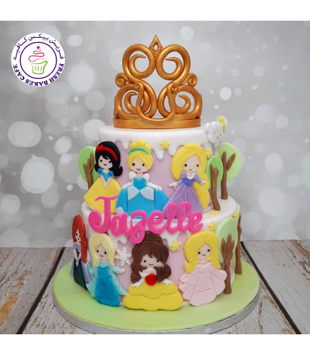 Princesses Themed Cake - Crown with 2D Characters - 2 Tier
