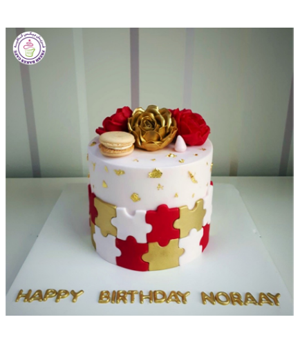Puzzle Themed Cake - Fondant Flowers & Macarons