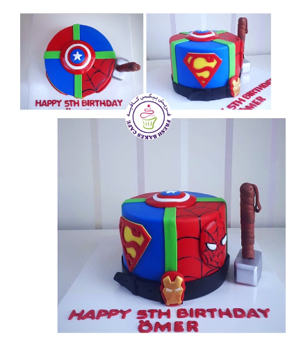 Superheroes Themed Cake - 2D Fondant Logos & 3D Thor's Hammer 01