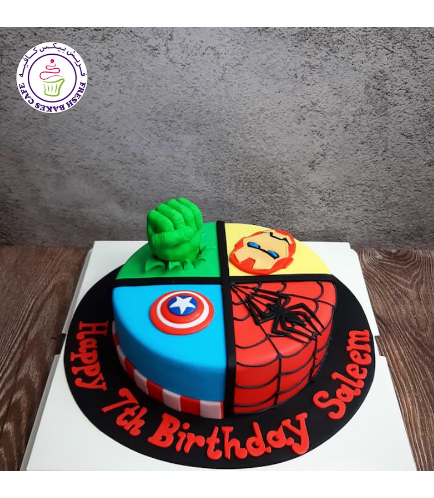 Superheroes Themed Cake - 2D Fondant Logos & 3D Hulk Hand  - 1 Tier 02b