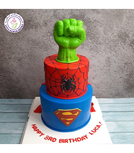 Superheroes Themed Cake - 2D Fondant Logos & 3D Hulk Hand  - 2 Tier 03