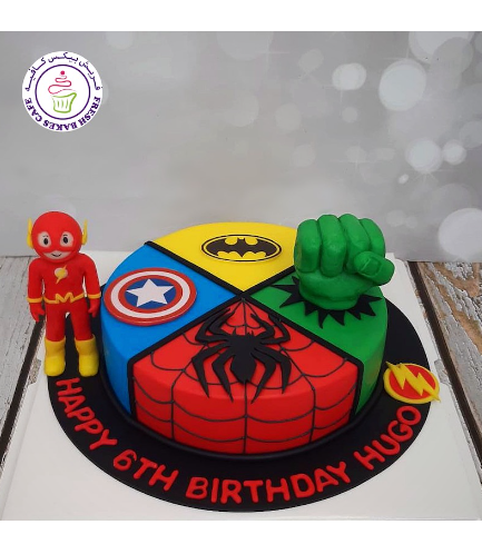 Superheroes Themed Cake - 2D Fondant Logos & 3D Hulk Hand & Splash Character - 1 Tier