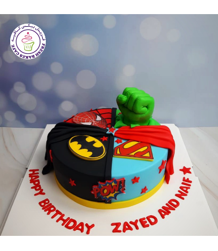 Superheroes Themed Cake - Printed Logos & 3D Hulk Hand