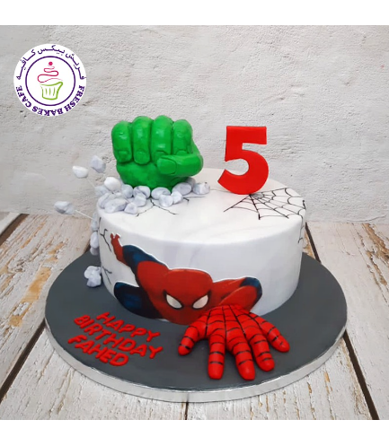 Superheroes Themed Cake - Spider-Man Printed Picture & 3D Hand, & 3D Hulk Hand