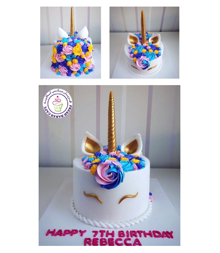 Cake - Unicorn - Fondant Cake - Cream Piping & Flowers - 1 Tier 001