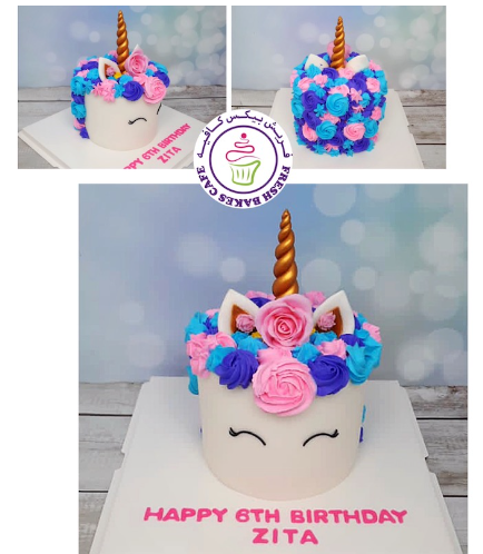 Cake - Unicorn - Fondant Cake - Cream Piping & Flowers - 1 Tier 004